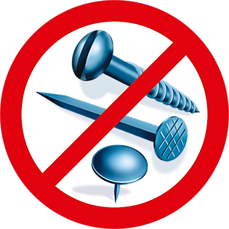 Red prohibition sign over blue screws, nails, and thumbtack.