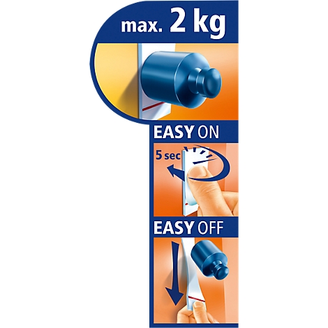 Blue adhesive hook with instructions for application, max. 2 kg load-bearing capacity, inscription EASY ON & OFF.