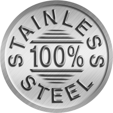 Round, silver emblem with the words "STAINLESS STEEL 100%".