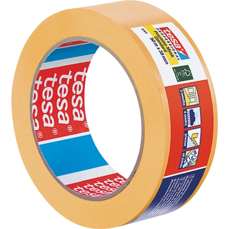 Rouleau de ruban adhésif de masquage beige tesa. Étiquette avec informations sur le produit et icônes. Le mot "tesa" est visible plusieurs fois sur le rouleau.