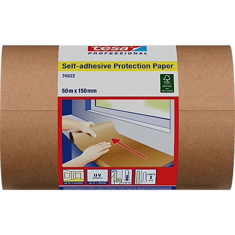 Rouleau de papier de protection auto-adhésif. Nom du produit, dimensions et illustration : le papier est appliqué sur le rebord de la fenêtre.