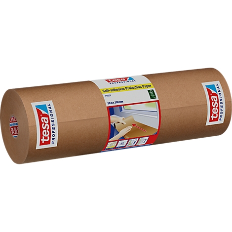 tesa PROFESSIONAL Rolle Selbstklebendes Schutzpapier. Braune Rolle, Text und Anwendungsbeispiel.