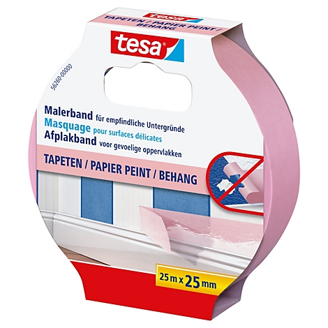 Rouleau de ruban de masquage Tesa rose avec informations produit. Motif papier peint avec "25m x 25mm".