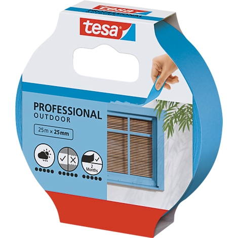 Blaues Tesa-Klebeband, das zur Abklebung eines Fensters genutzt werden kann.