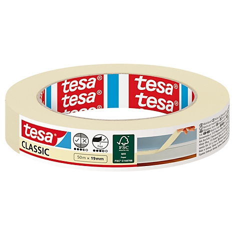 Rouleau de ruban adhésif beige de la marque tesa, imprimé en rouge et blanc. Le texte est 'CLASSIC', avec des symboles de certification à côté.