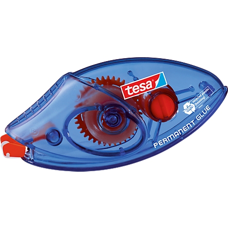 Blue-transparent tesa Permanent Glue adhesive roller, red interior, white lettering. Inscription "Permanent Glue".
