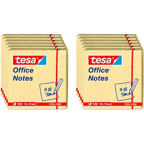 Two stacks of yellow sticky notes from the brand tesa. Printed: "Office Notes", note with pen and time, as well as product information.
