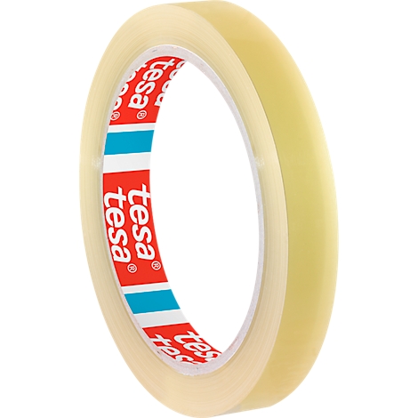 A roll of transparent adhesive tape from the Tesa brand. The core is printed in red and blue. The tape is slightly transparent.