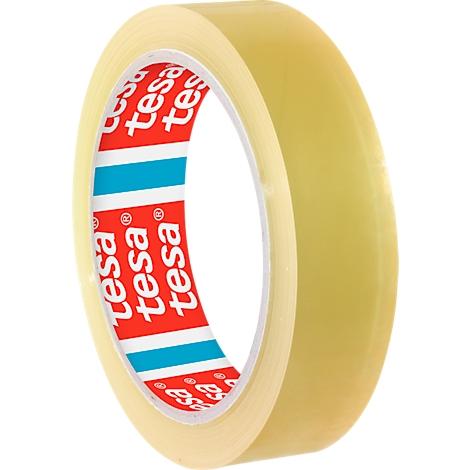 Roll of transparent adhesive tape. Inside red with white lettering: tesa, blue band.