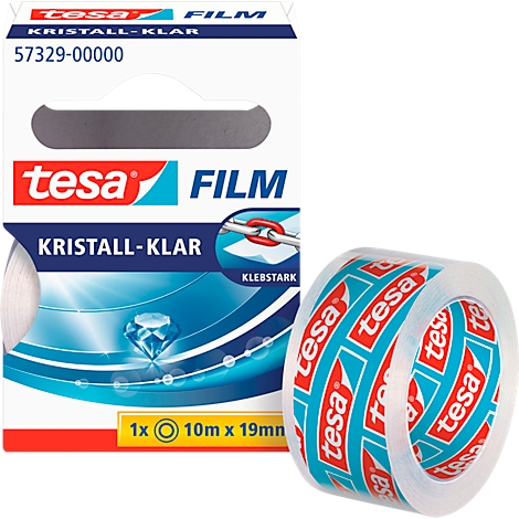 A package and a roll of transparent adhesive tape with the Tesa logo. The package says "Kristall-klar".