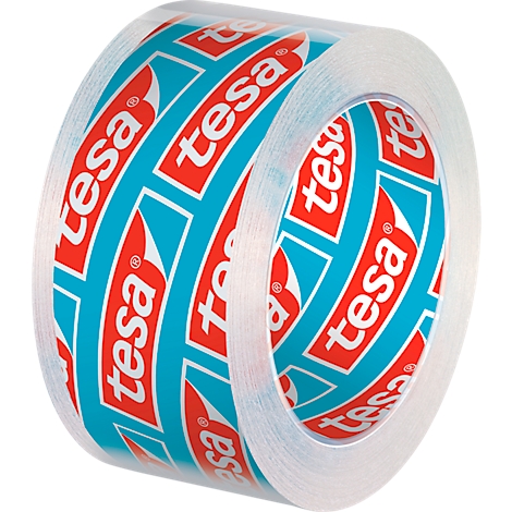 Close-up of a tesa tape roll. Turquoise and red logo with the word "tesa". Transparent adhesive tape.