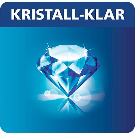 Blue background with diamond illustration and lettering 'Crystal-Clear'.