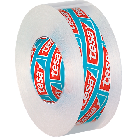 Close-up of a clear tesafilm roll, label with red text on a blue background.