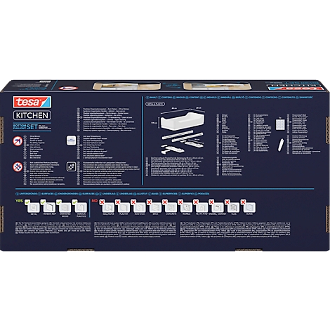Dunkelblaue Verpackung mit weisser Schrift. „Tesa Kitchen“ Set. Aufmachung mit Produktabbildungen und Anwendungshinweisen.
