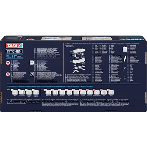 Rückseite einer Tesa-Küchenbox mit Text und grafischen Darstellungen. Enthält Anweisungen, Zutaten und Produktinformationen.