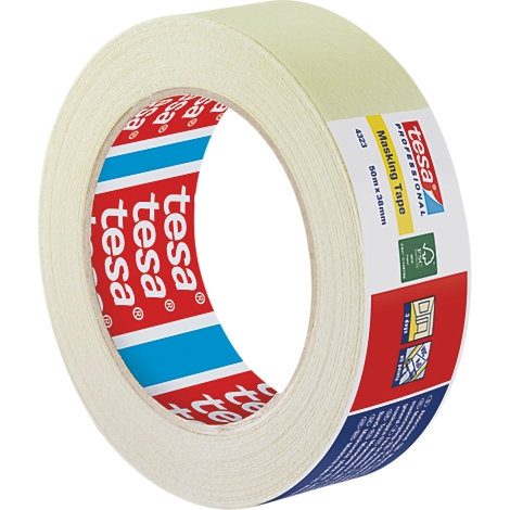 Beige afplakbandrol, gedeeltelijk afgerold, met rode en blauwe binnenopdruk. "tesa Professional Masking Tape" is te zien op het label.