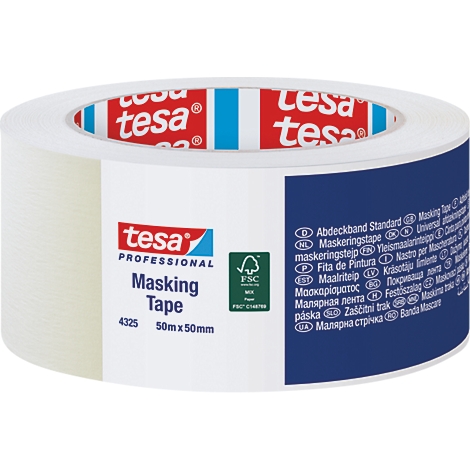 Tesafilm-Abdeckband, weißes Klebeband mit blauer und roter Beschriftung.