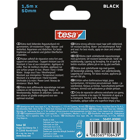 Black tesa repair tape, text: 1.5m x 50mm. Product information in multiple languages. QR code and manufacturer details on the back.