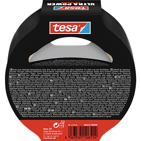 Black adhesive tape in Tesa packaging. Inscription: Tesa Ultra Power Extreme.