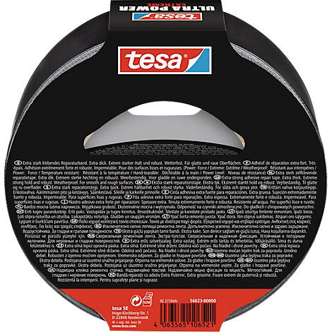 Black tesa repair tape. "ULTRA POWER" at the top left. The "tesa" logo is in red and blue. Tape text with product information.
