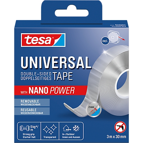 Blue packaging with double-sided tape. Inscription: UNIVERSAL TAPE, with Nano Power, reusable, transparent.