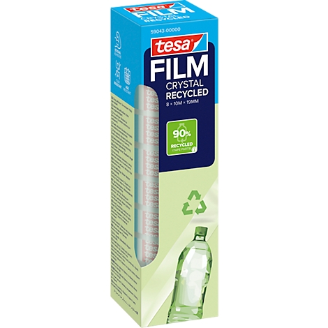 Eine Packung tesafilm Crystal Recycled. Aufschrift: 90% Recycled, und eine abgebildete Flasche.