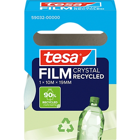 Tesa-filmrol in een blauwe verpakking, met productinformatie en recyclingaanduiding. Rechts een groene fles.