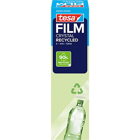 Tesafilm verpakking, blauw-wit-groen, met opschrift en recycling informatie, inclusief een transparante fles.
