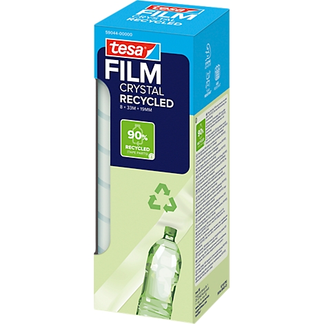 Een verpakking tesafilm met de woorden "Film Crystal Recycled", een groen recyclingsymbool en een illustratie van een plastic fles.