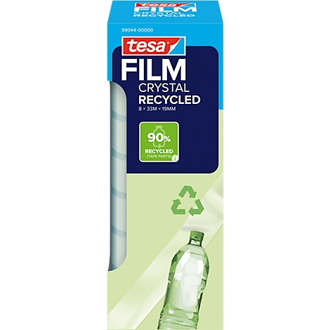 Tesa film verpakking, blauw-wit, opschrift: FILM CRYSTAL RECYCLED, 90% RECYCLED, transparante plastic rol, groene plastic fles.