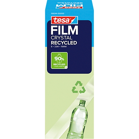 Tesa filmrol, blauw-wit, met de tekst: FILM Crystal Recycled, 90% gerecycled materiaal.