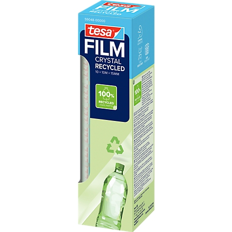 Blaue und grüne Schachtel tesa Film Crystal Recycled mit Abbildung einer Kunststoffflasche und Recycling-Symbol.
