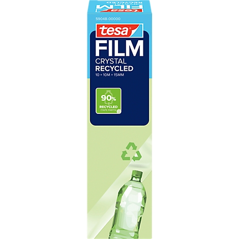 Produktverpackung von tesa Film Crystal Recycled mit 90% Recyclinganteil und Abbildung einer Kunststoffflasche.