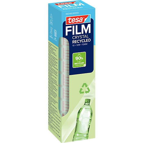 Blaue und grüne Schachtel tesa Film Crystal Recycled mit Abbildung einer Plastikflasche und Recycling-Symbol.