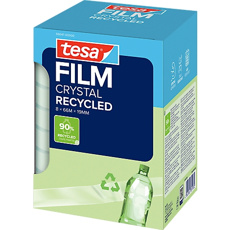 Tesa Film Crystal Recycled Klebestreifen Packung mit 90 Prozent recyceltem Material, 8 Rollen à 66 Meter.
