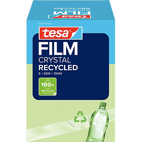 Produktverpackung von tesa Film Crystal Recycled mit 100 Prozent Recycling-Hinweis und einer Kunststoffflasche.