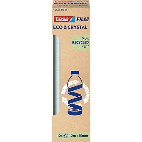 Packaging of Tesa Film Eco & Crystal with information on recycling and size. The packaging has a brown background.