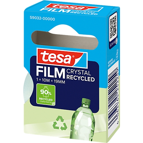 Tesa Film Crystal Recycled box. Product image with product details and recycling logo.