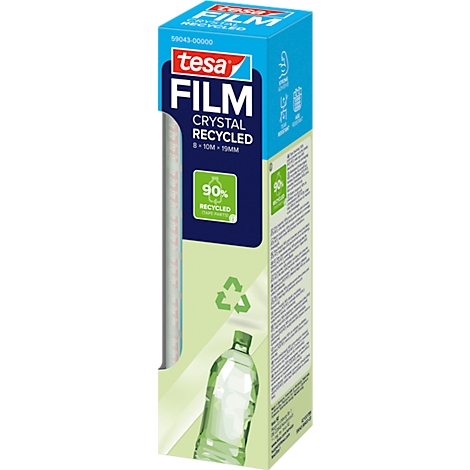 Blue and white Tesa film packaging with the inscription "CRYSTAL RECYCLED". 90% recycled.