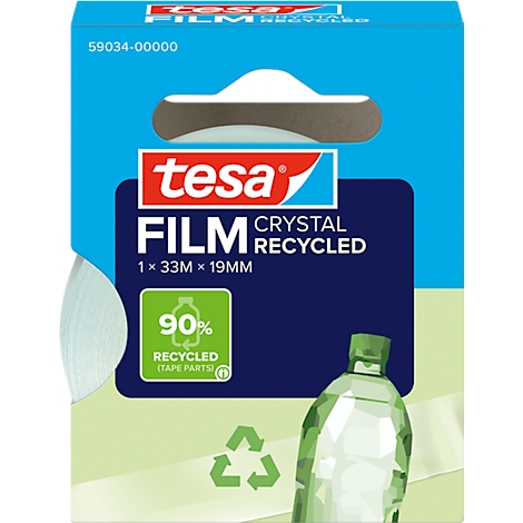 Blister pack of tesa Film Crystal Recycled adhesive film, dark blue-white. Print: 90% recycled, green bottle.