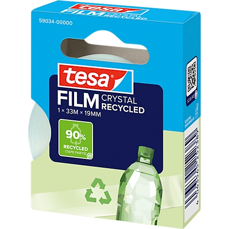 Blue and white Tesa film roll product packaging recycling notice, transparent adhesive tape.