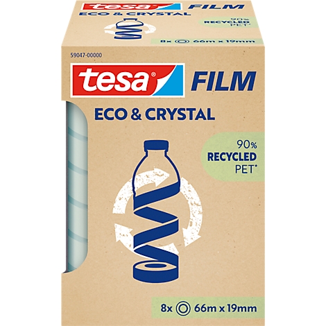 A brown package with a blue tesa Film logo and lettering. Printed are "ECO & CRYSTAL" and an illustration of a bottle with the note "90% RECYCLED PET".
