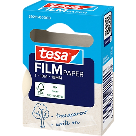 Blue and white Tesa packaging with the words FILM PAPER. Product information and the FSC seal are printed on it.