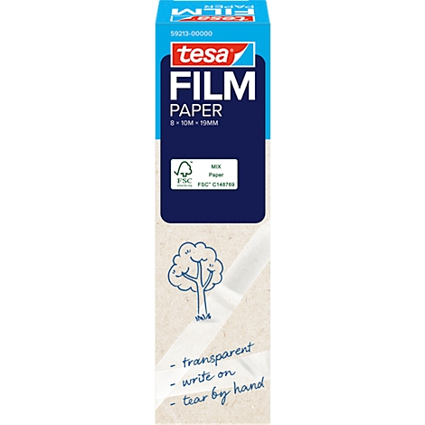 Rouleau de papier film Tesa, emballage du produit avec logo, nom du produit, label FSC. Rouleau transparent, inscriptible et déchirable à la main.