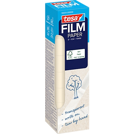 Emballage de produit tesa Film Paper avec un rouleau de ruban adhésif au premier plan, design bleu et blanc. Inscription : transparent, écrire à la main, déchirer à la main.