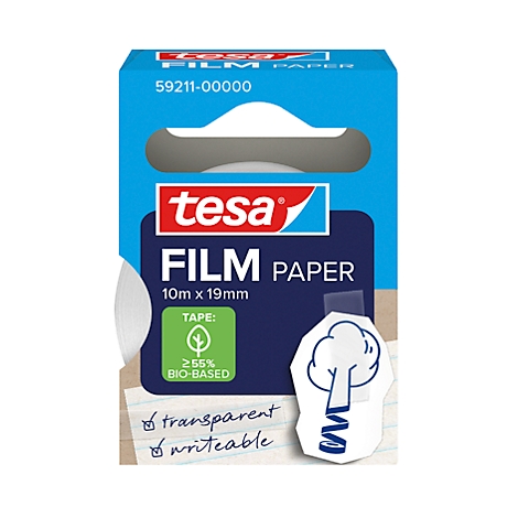 Boîte bleue Tesa Film Paper. Inscription : tesa, Film Paper, 10m x 19mm, transparent, inscriptible.
