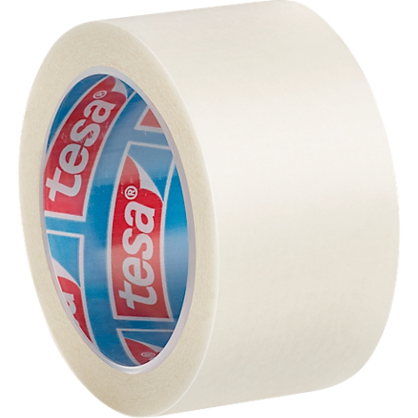 Rouleau de ruban adhésif de masquage avec logo rouge et bleu.