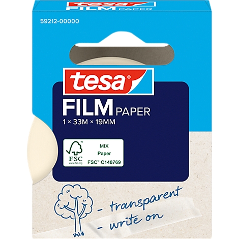 Rouleau de papier film Tesa dans son emballage. Bleu, blanc, bleu foncé. Inscriptions : Film Paper, transparent, write on.