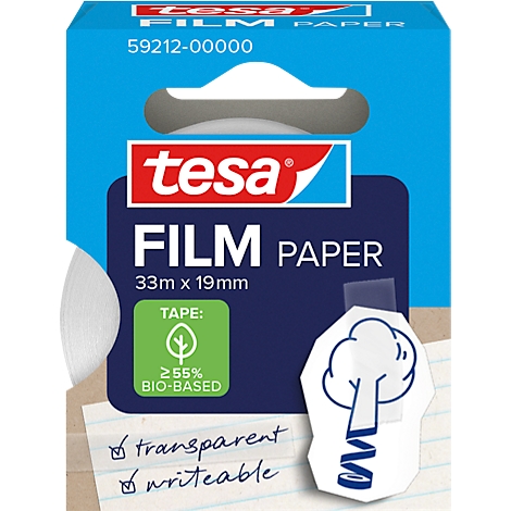 Emballage bleu et blanc de Tesa Film Paper, transparent et inscriptible. Inscription: 33m x 19mm, ≥55% bio-based.