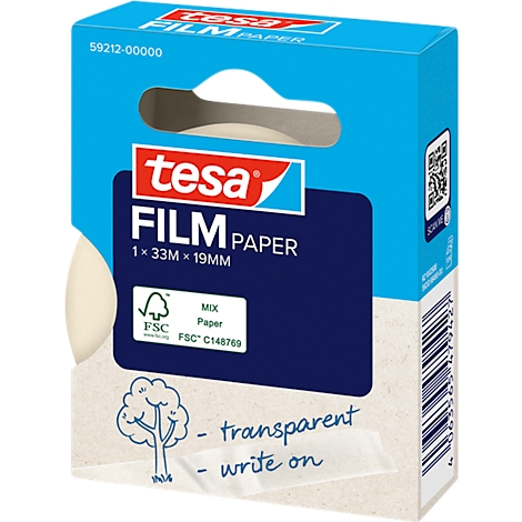 Rouleau de film tesa bleu et blanc. Le nom du produit et les caractéristiques sont imprimés sur l'emballage. Il est transparent et on peut écrire dessus.